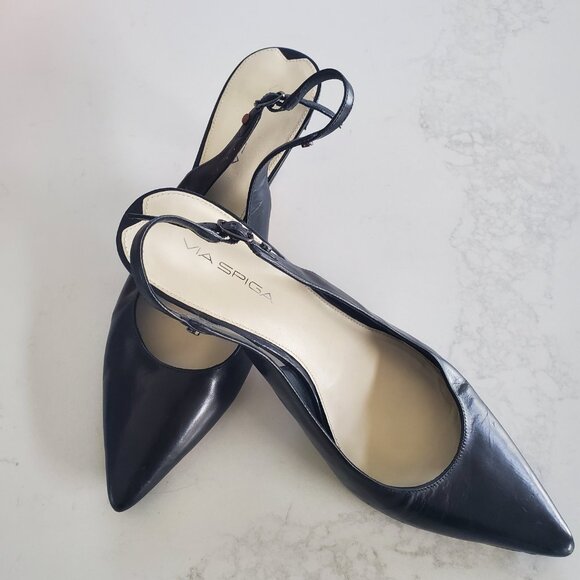 Via Spiga Black Leather Kitten Heel Slingback Heels  9.5M - Picture 3 of 13